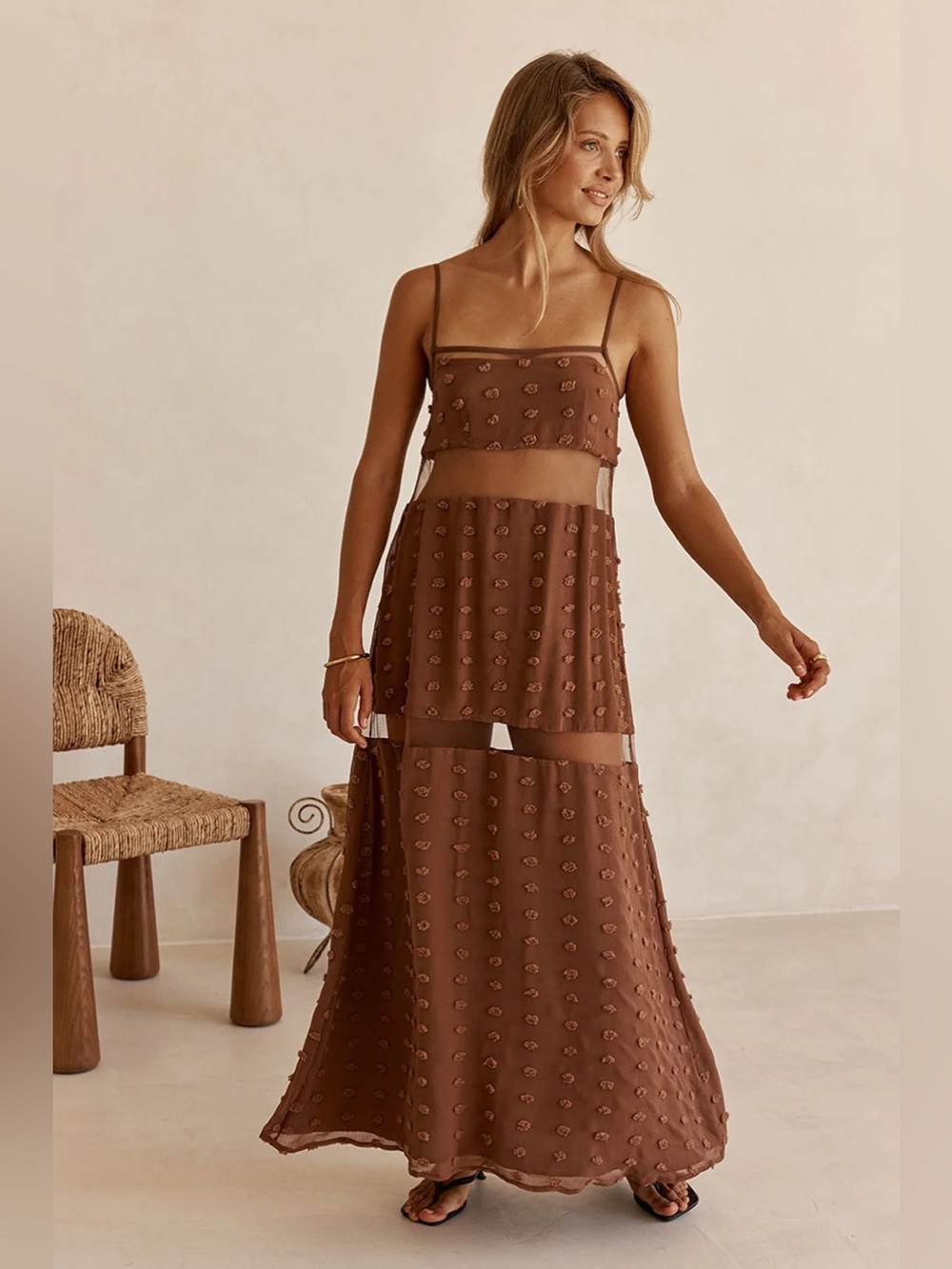 🤎 SABO Skirt Tassia Maxi Dress Cutout Mesh Brown Tan Small S